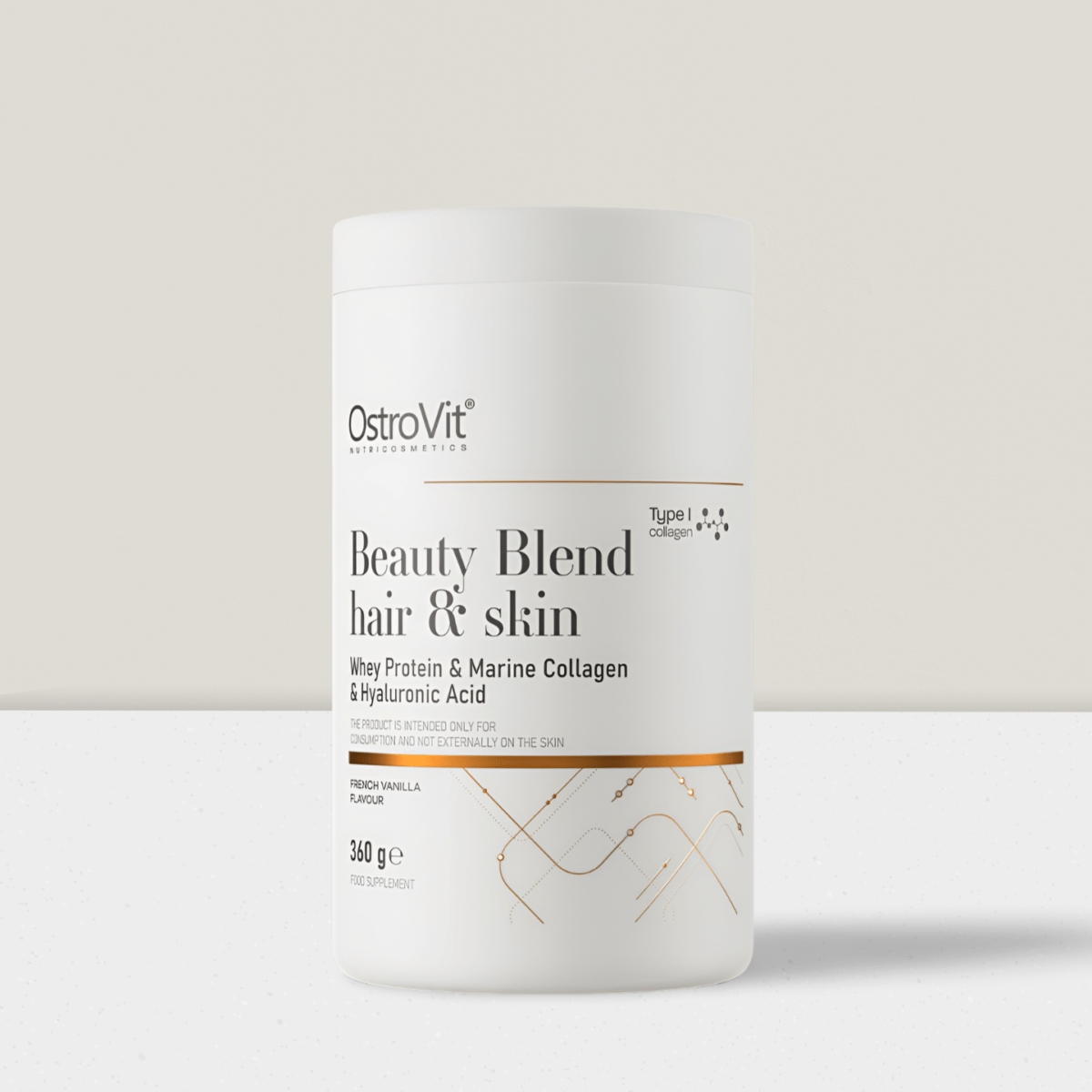 OstroVit Beauty Blend Hair & Skin 360g. Miltelių pavidalo papildas su 18 vertingų ingredientų, įskaitant kolageną ir hialurono rūgštį. Skirtas odos ir plaukų sveikatai.