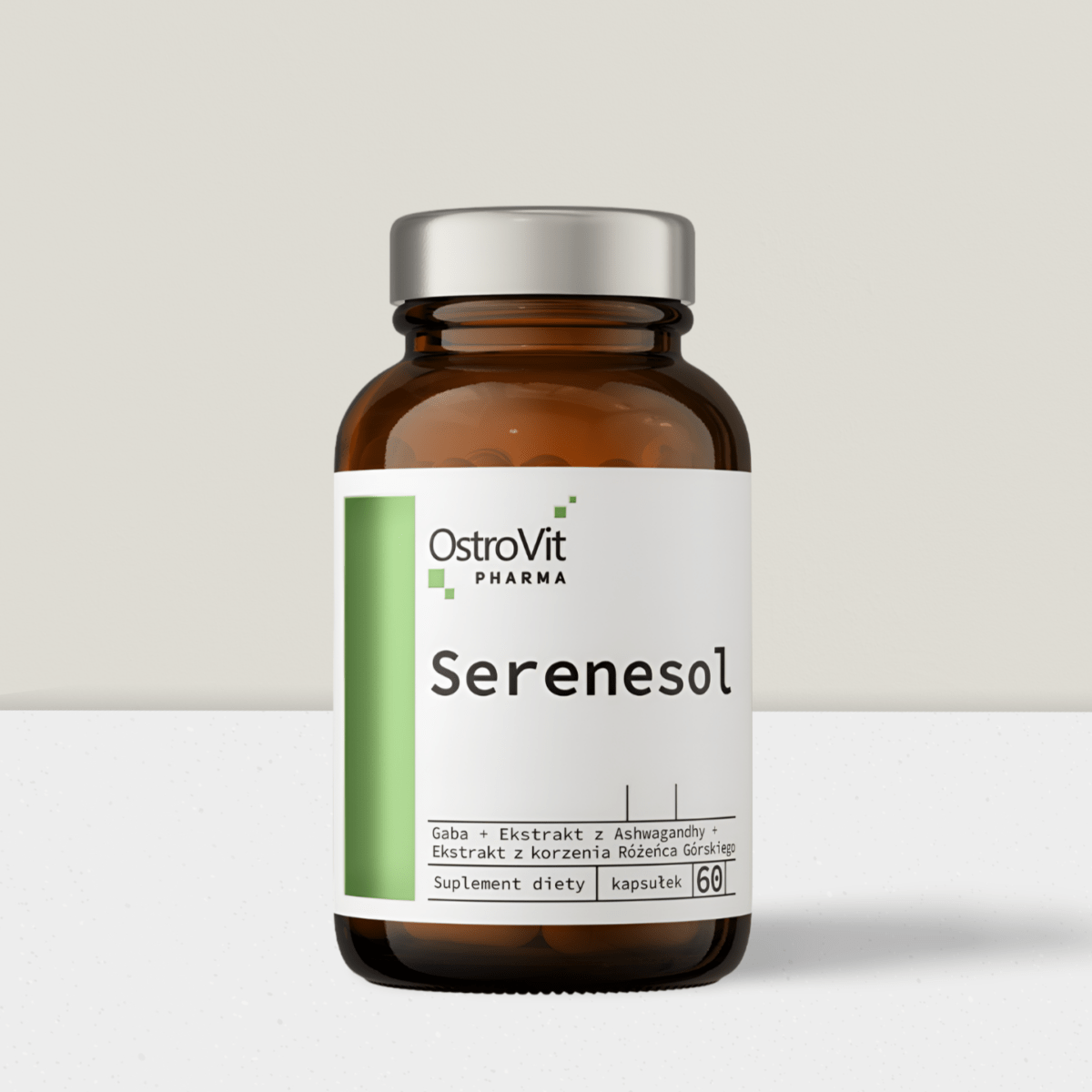 OstroVit Pharma Serenesolis. Padeda palaikyti nervų sistemos ramybę ir gerina miego kokybę su GABA, L-teaninu, ašvaganda, rodiolės ir centelės ekstraktais.